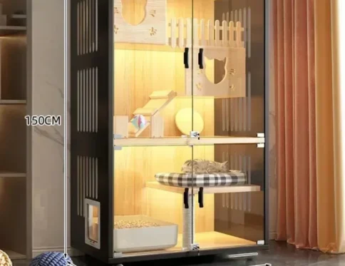 Villa con jaula para gatos de madera maciza, casa para gatitos con espacio libre súper grande