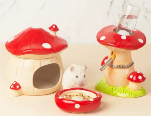 Casa de setas linda, artículos para mascotas, jaula para hámster, tazón pequeño para mascotas