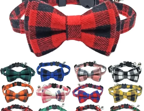 Collar de gato separable para mascotas, pajarita y campana, lindo cuadros, Navidad, rojo