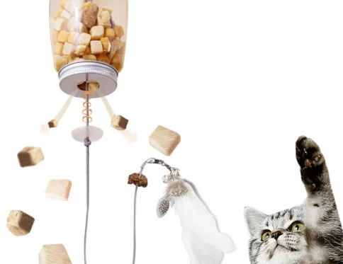 Juguete interactivo para gatos, juguete de plumas con fugas de comida, campana, cuerda para rascar, dispensador de comida